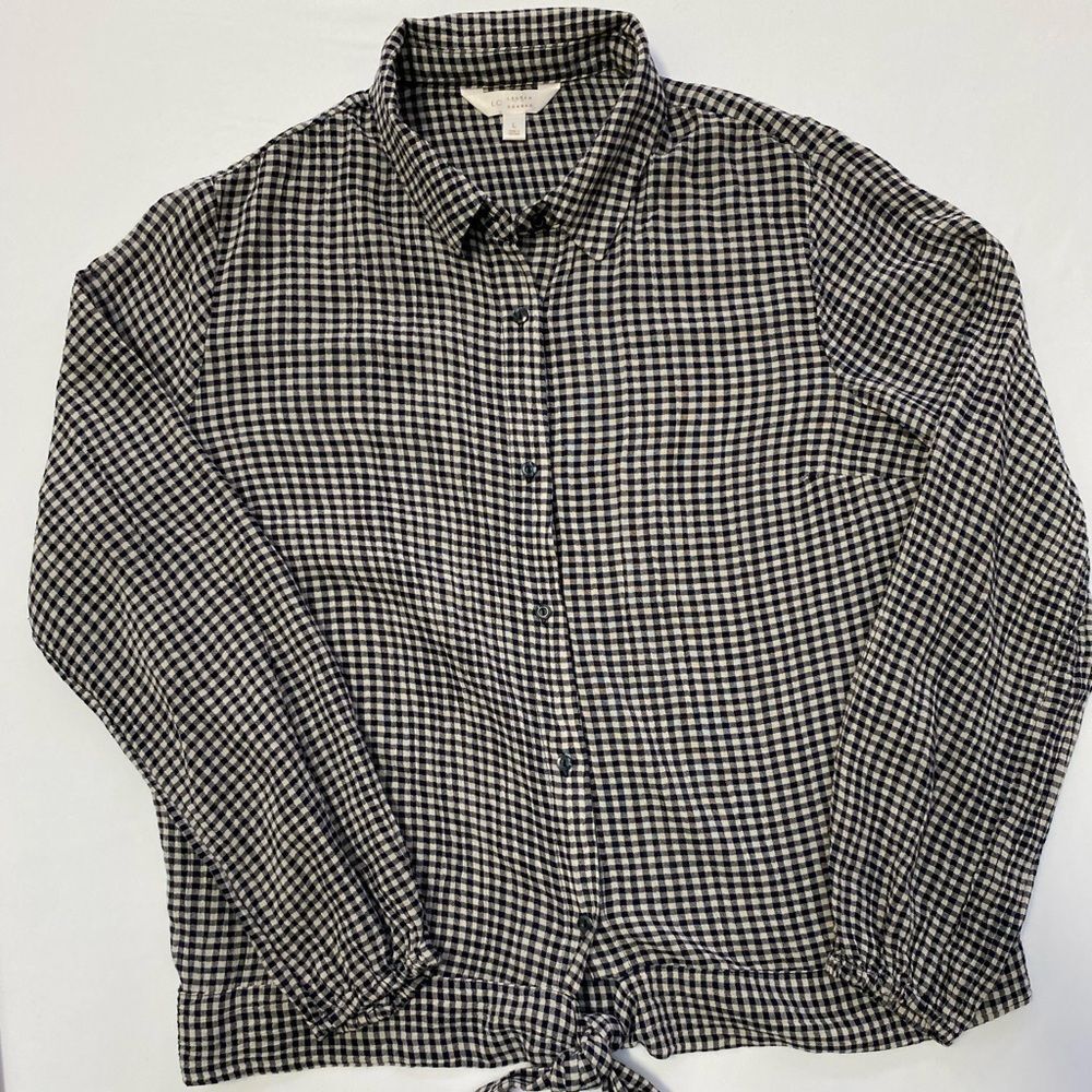 LC Lauren Conrad Black & White Gingham Tie-Front Button-Up Shirt - Size Large
